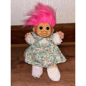 Troll Vintage Russ Berrie Troll Baby 11” Fucsia Hair Blue Eyes Floral Dress